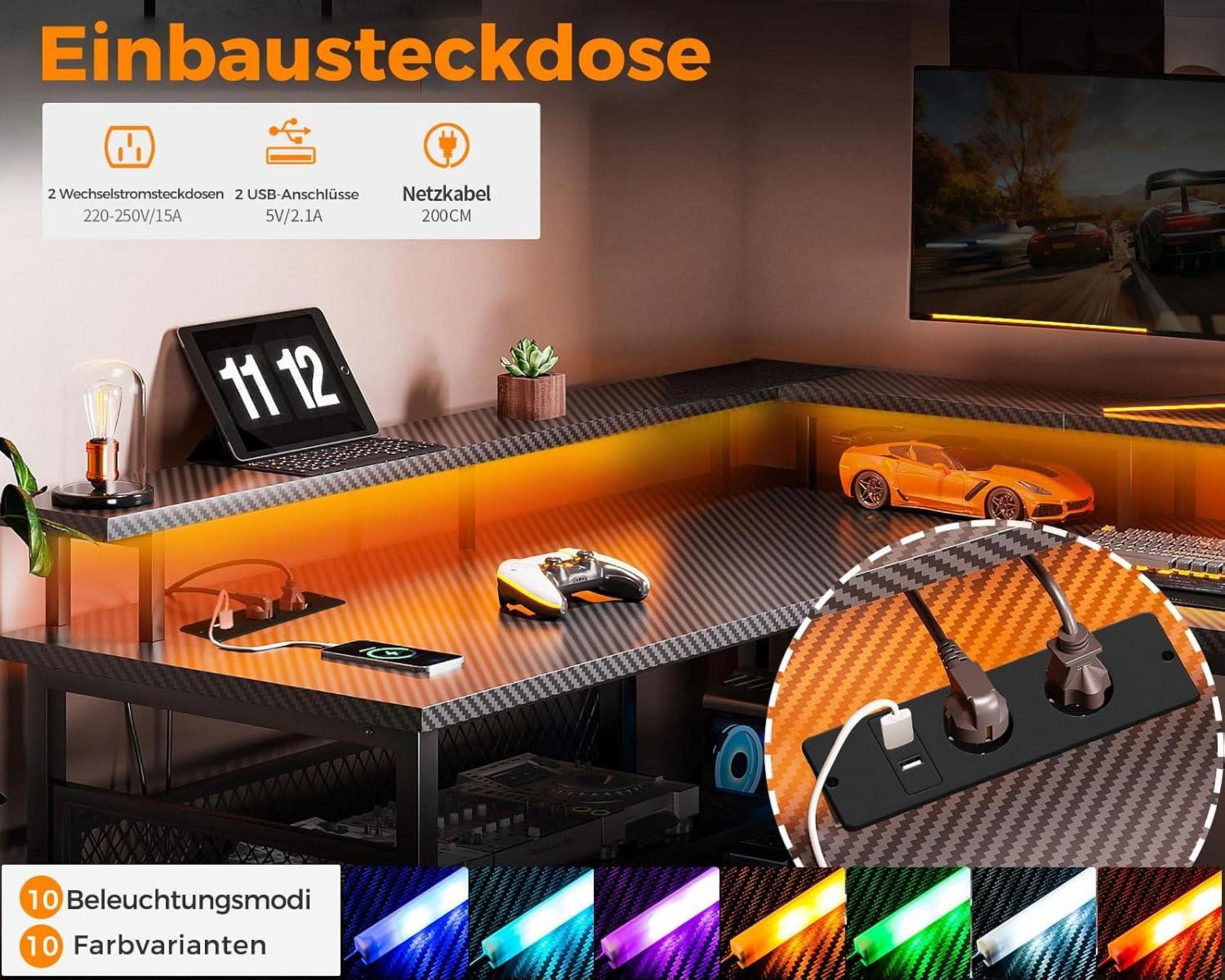 ODK Gaming Tisch LED Eckschreibtisch Kohlefaser Schwarz 168×120cm