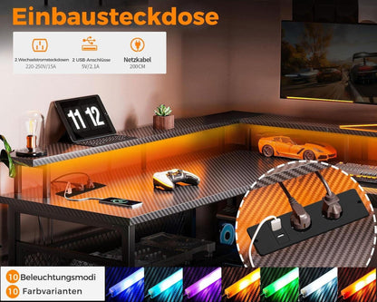 ODK Gaming Tisch LED Eckschreibtisch Kohlefaser Schwarz 168×120cm