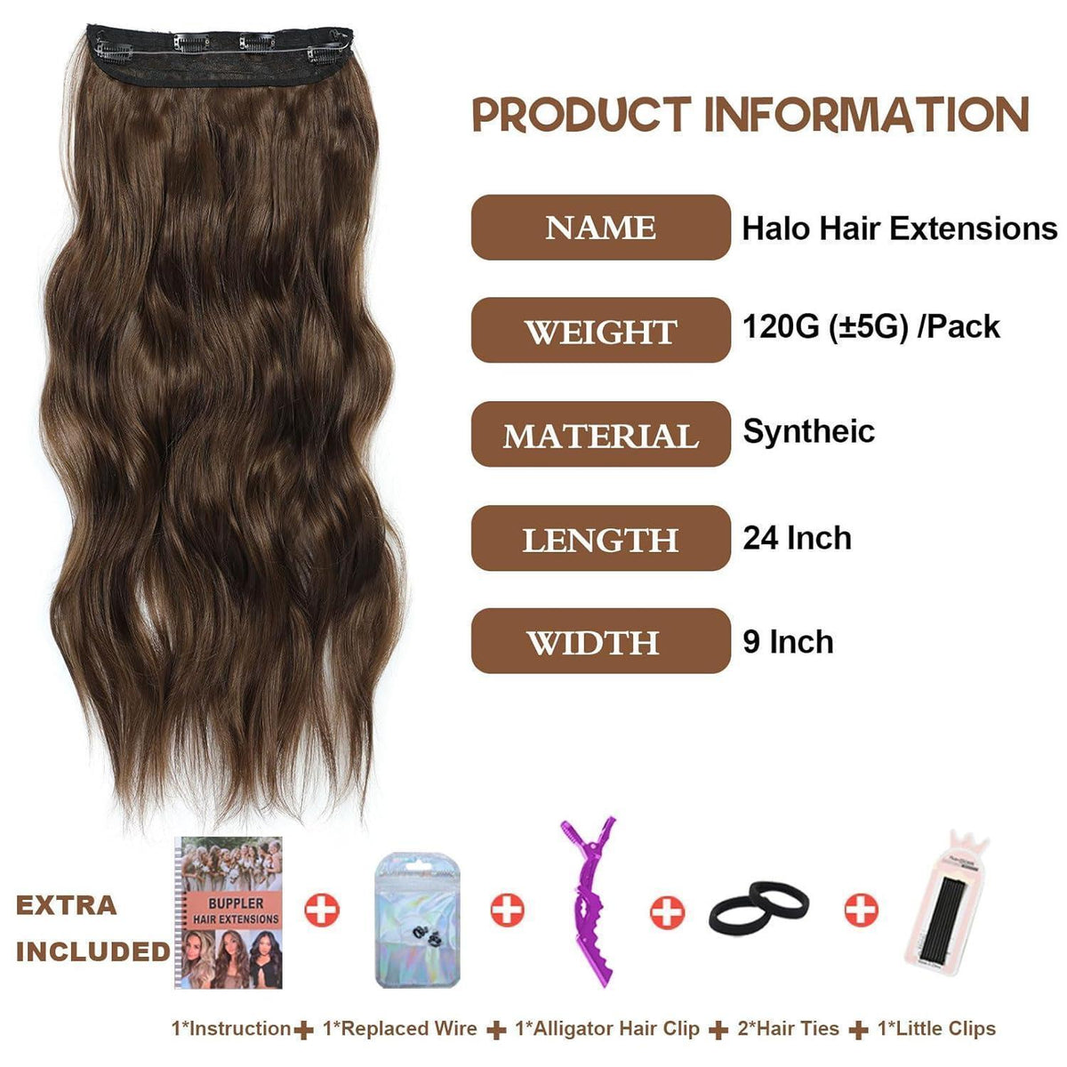 Haarteil 61cm Gewellt Mittleres Braun mit 4 Clips