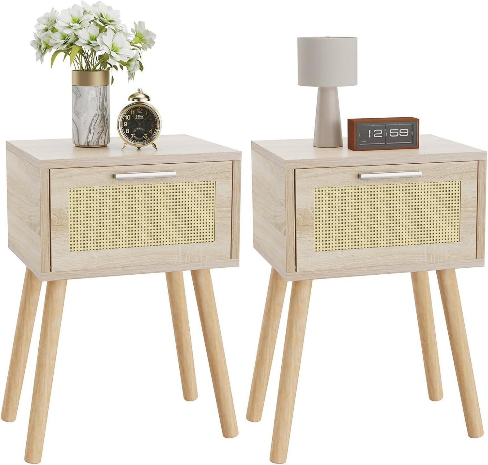 Rattan Nachttisch 2er Set mit Magnetschublade 35x27x53cm