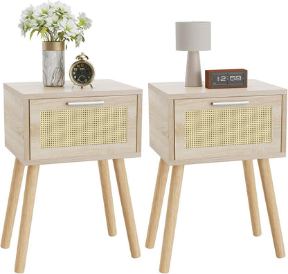 Rattan Nachttisch 2er Set mit Magnetschublade 35x27x53cm