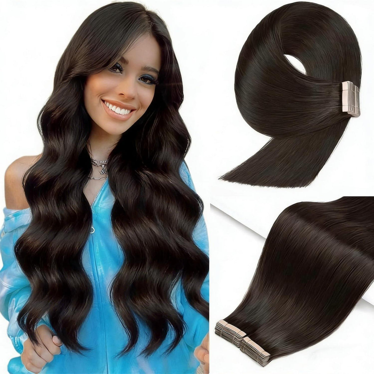 Echthaar Tape Extensions 35cm (14 Zoll) Schwarz