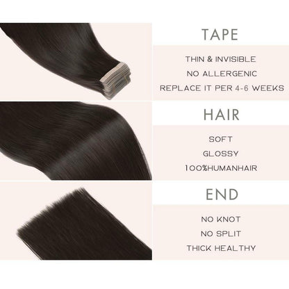Echthaar Tape Extensions 35cm (14 Zoll) Schwarz