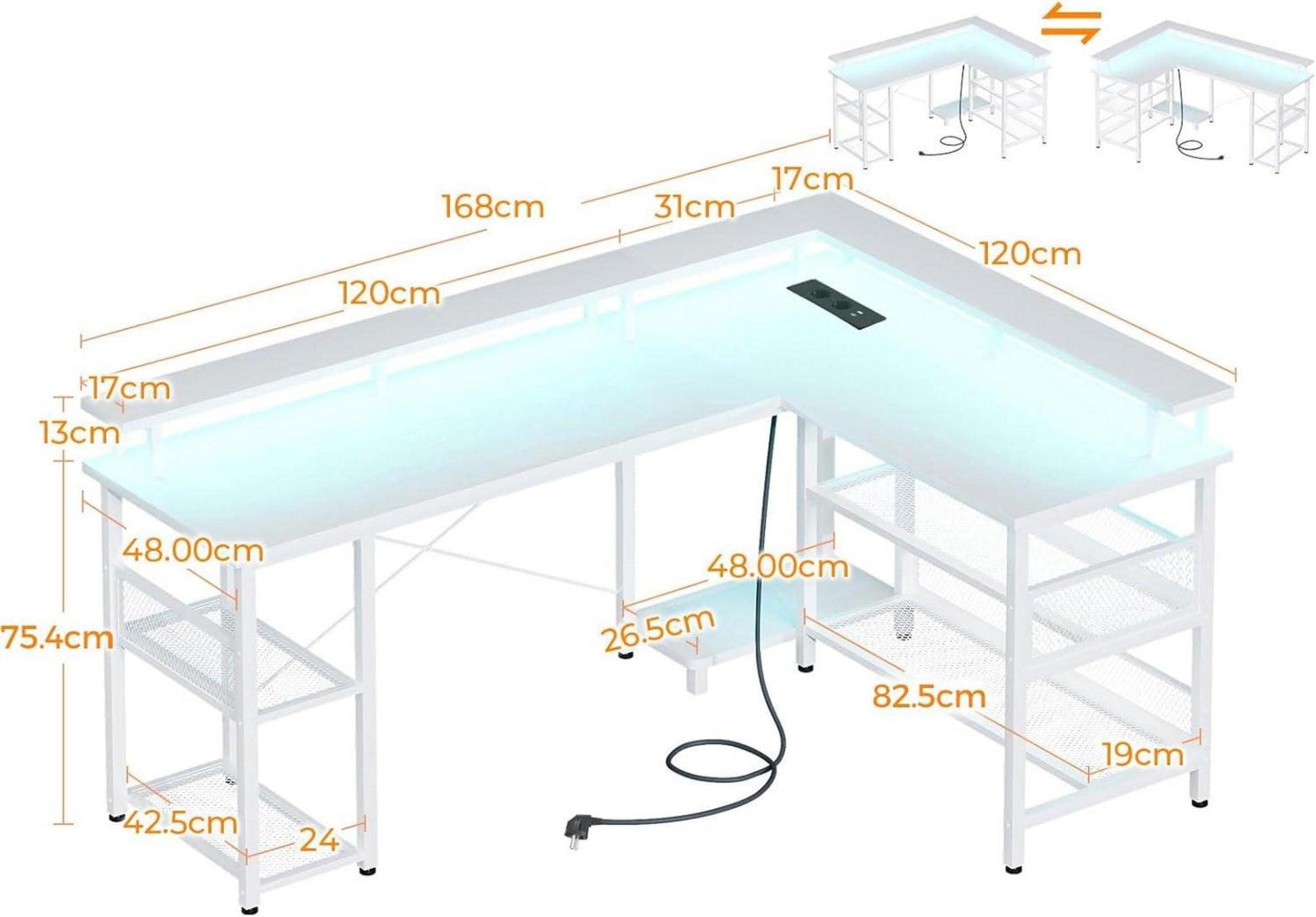 Gaming Schreibtisch LED Beleuchtung Steckdosen USB Eckschreibtisch