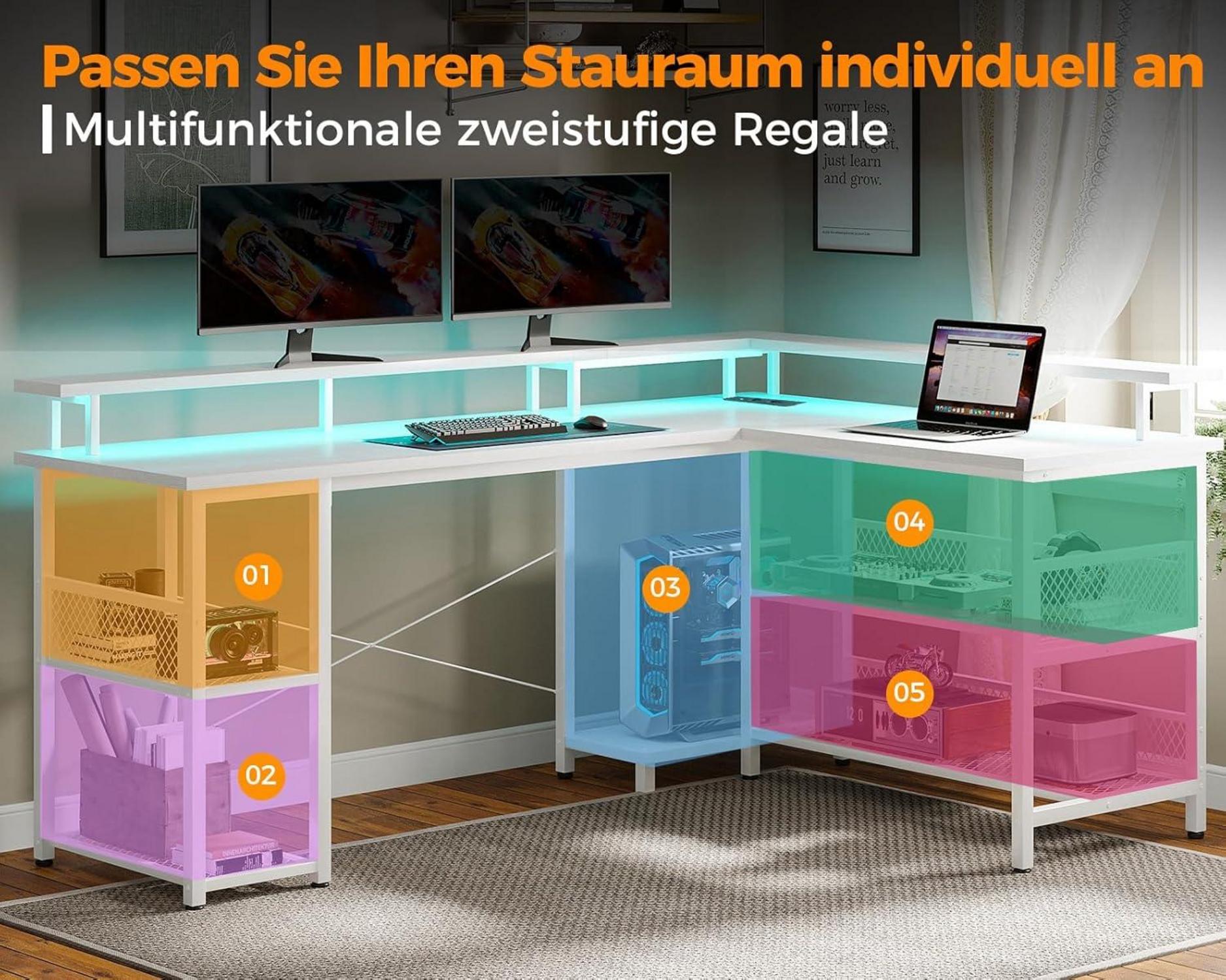 Gaming Tisch LED 2 Steckdosen USB-Ladeanschlüssen Weiß 168×120cm