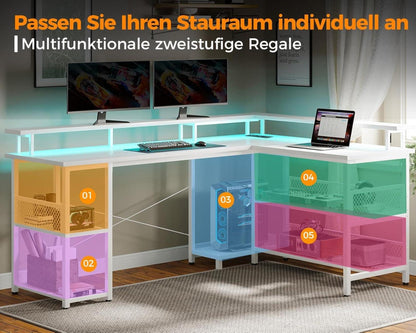 Gaming Tisch LED 2 Steckdosen USB-Ladeanschlüssen Weiß 168×120cm