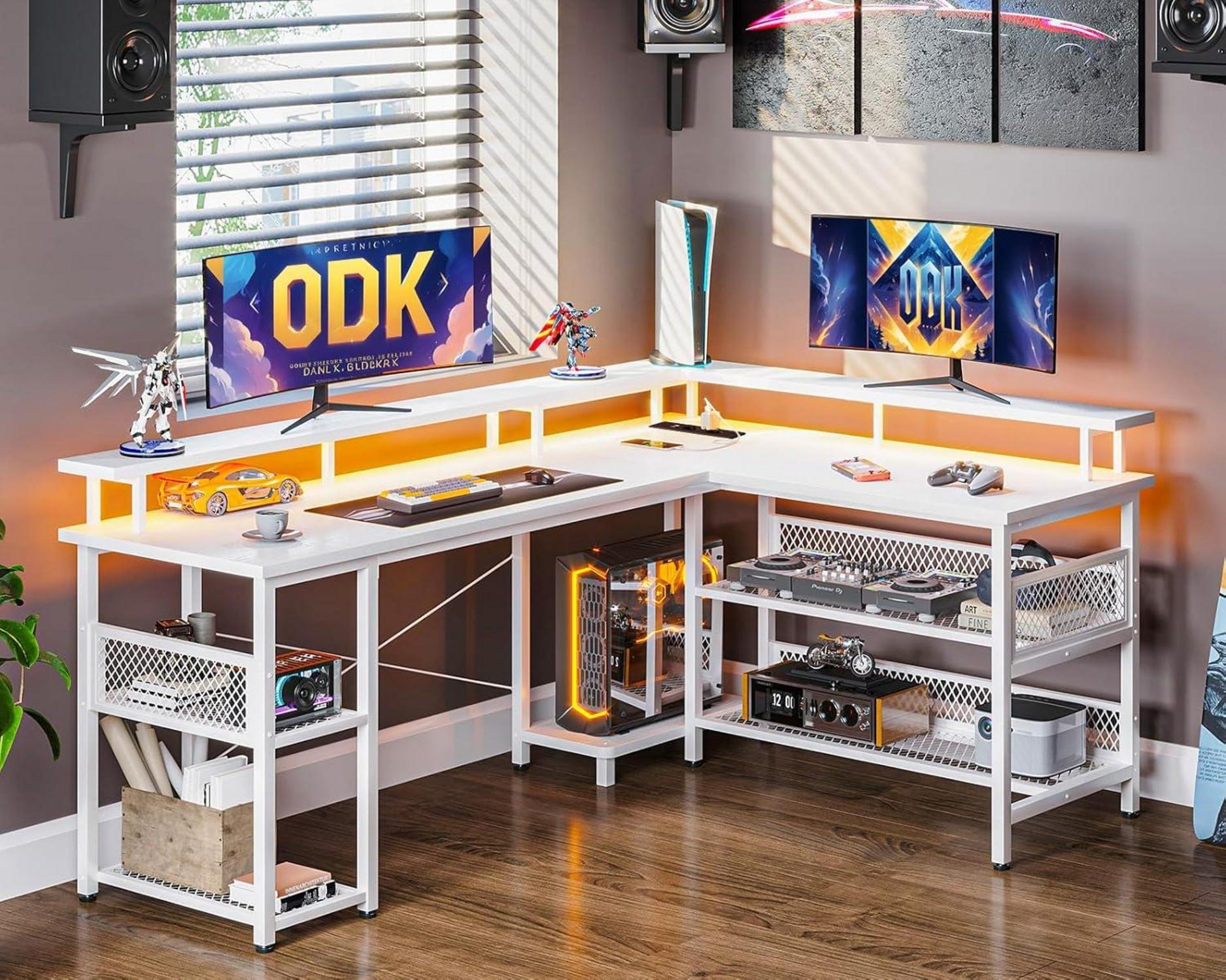 LED Gaming Schreibtisch Weiß Eckschreibtisch 168x120cm USB-Ladeanschlüssen