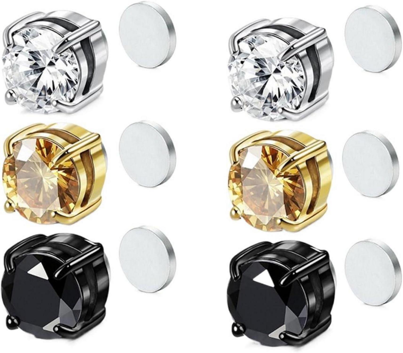Magnetische Edelstahl Ohrringe 3 Paare Set Schwarz Silber Gold