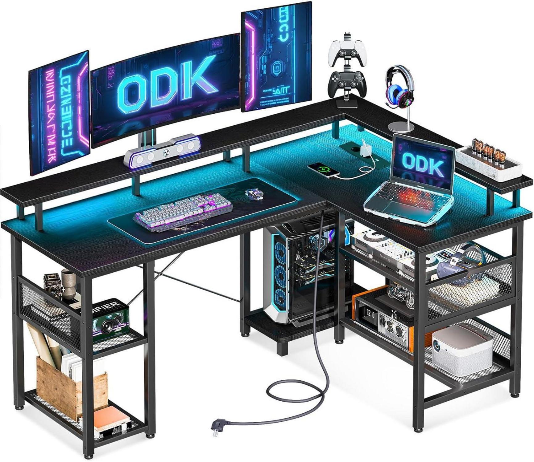 Gaming Eckschreibtisch LED RGB USB-Ports Netzablage 150x102cm