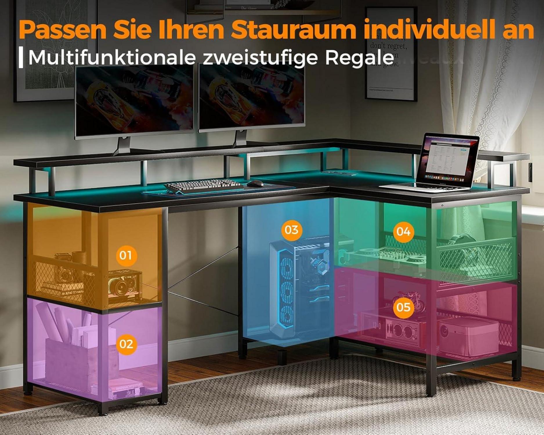 Gaming Tisch LED 2 Steckdosen 2 USB Netzablage Schwarz 150×102cm