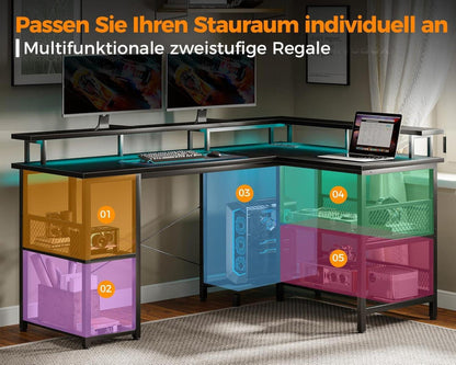 Gaming Tisch LED 2 Steckdosen 2 USB Netzablage Schwarz 150×102cm