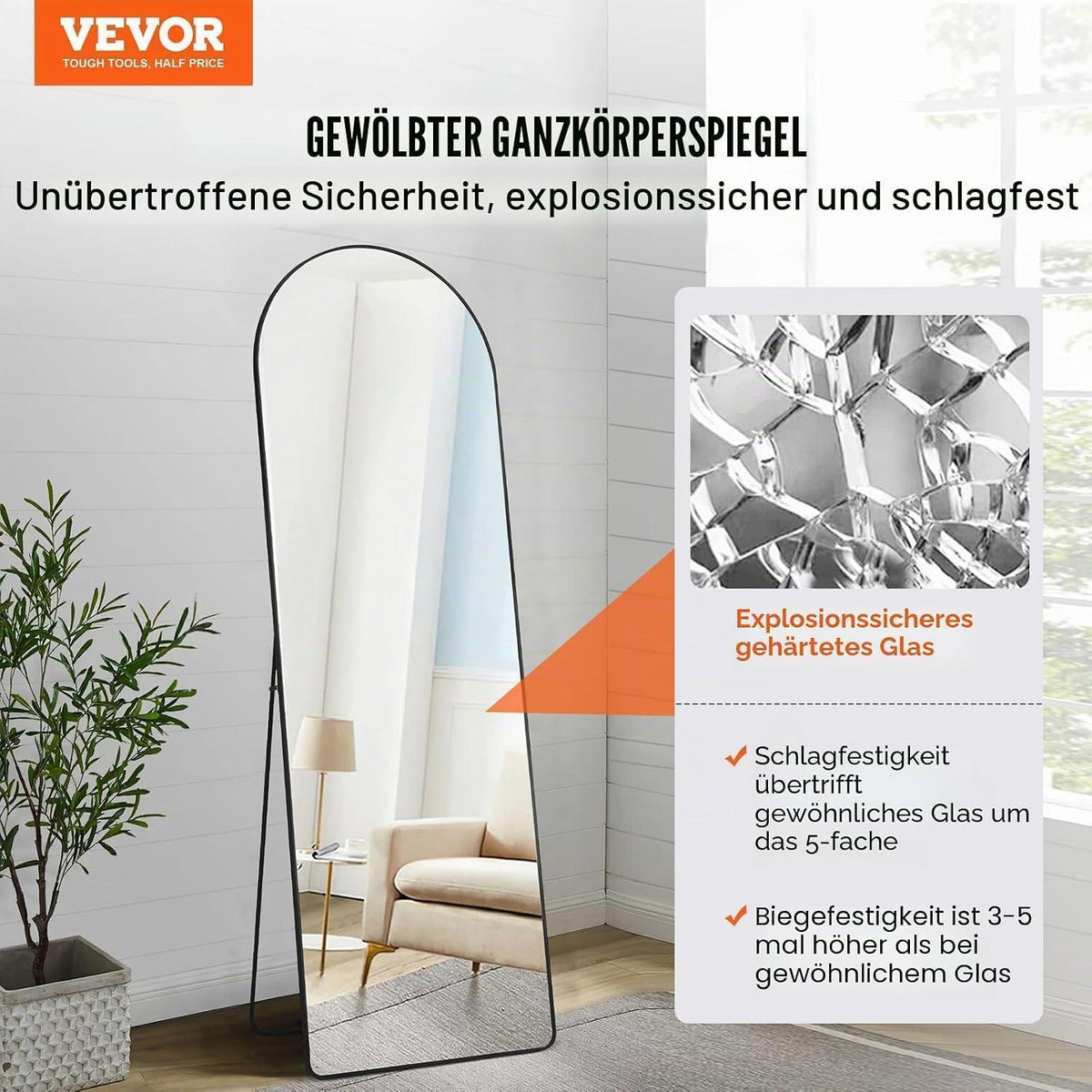 Gewölbter Standspiegel 165x55.8cm – Freistehend & Wandmontage
