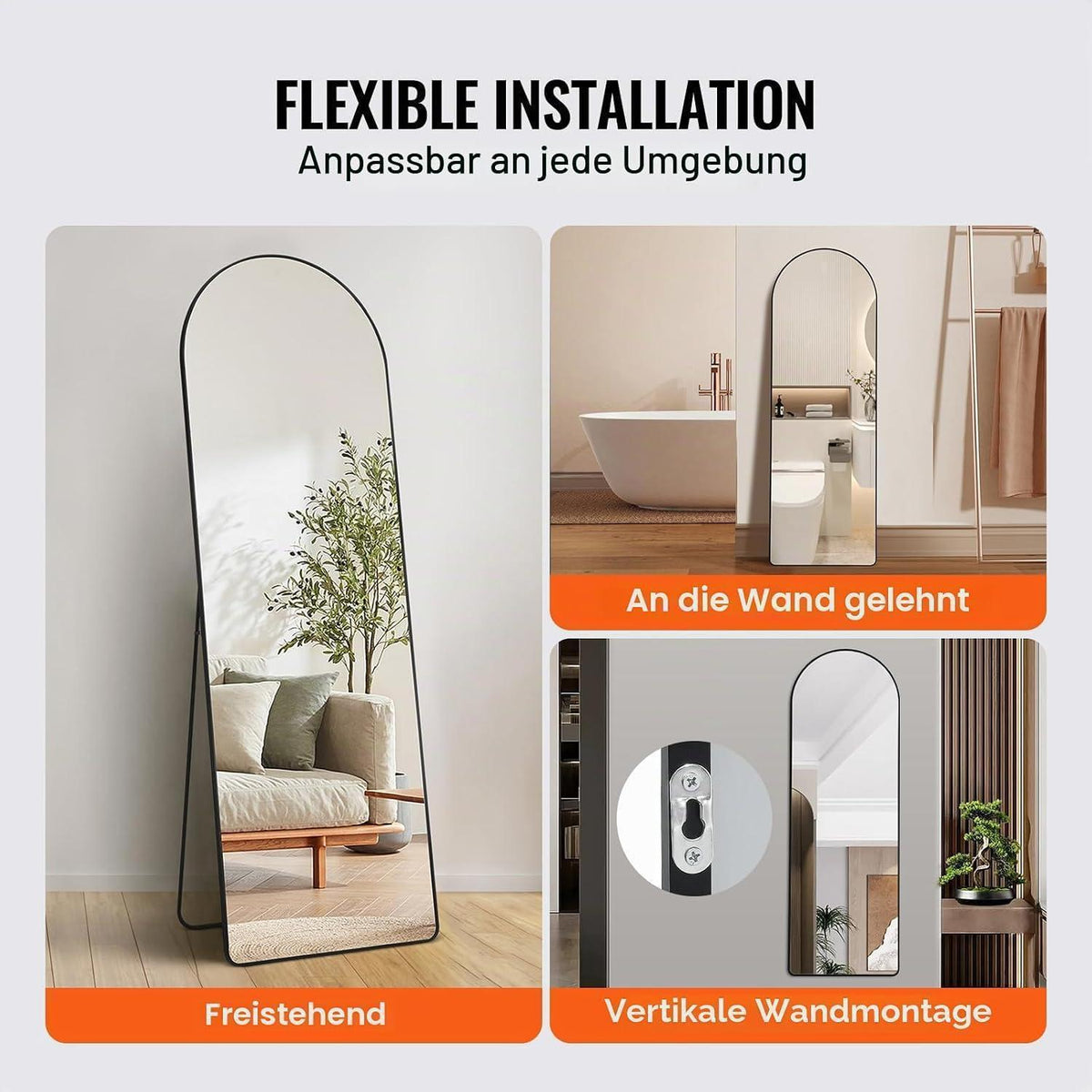 Gewölbter Standspiegel 165x55.8cm – Freistehend & Wandmontage