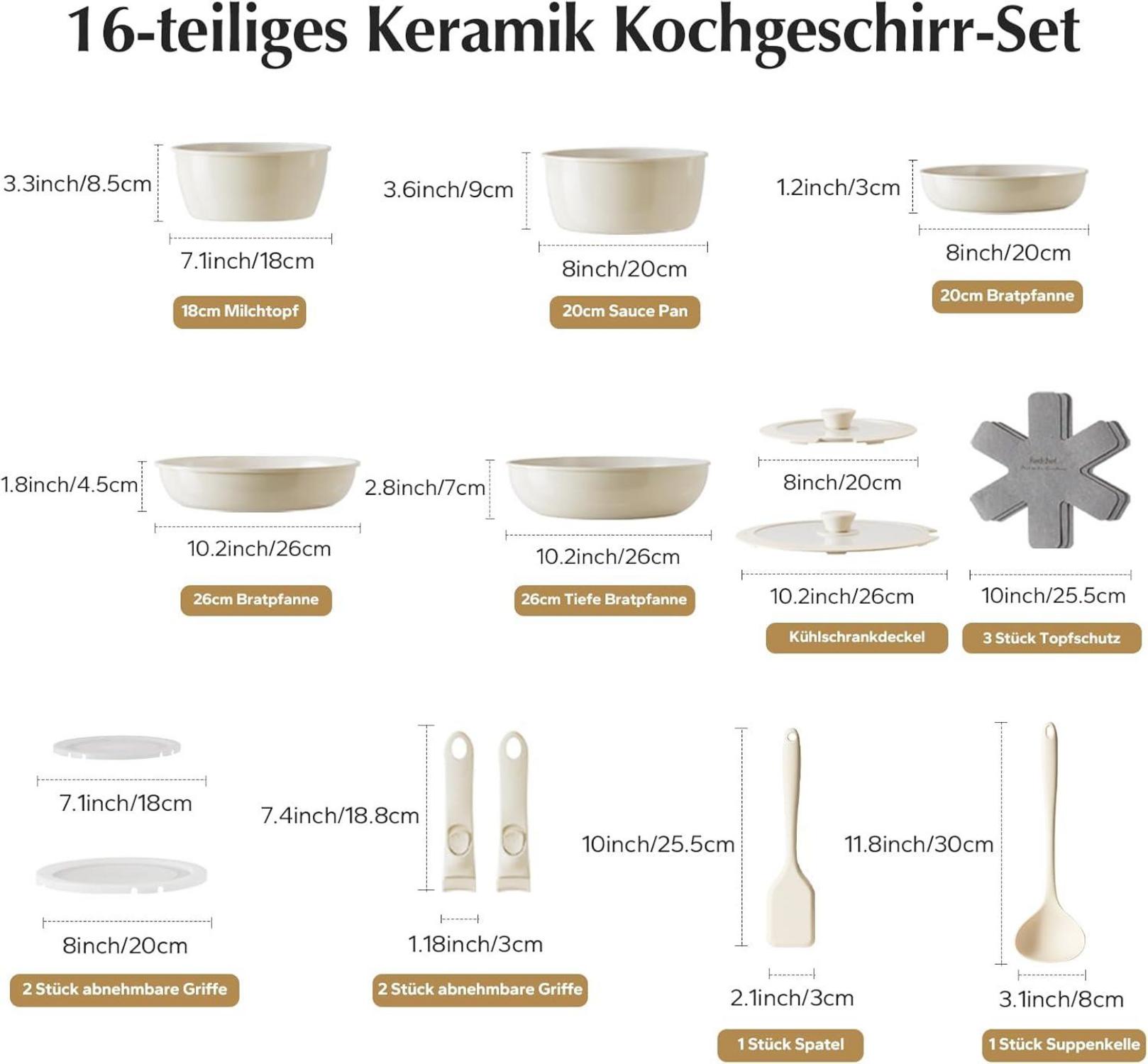 Topfsets Pfannenset 16-Teilig Antihaft-Keramik-Set abnehmbaren Griffen