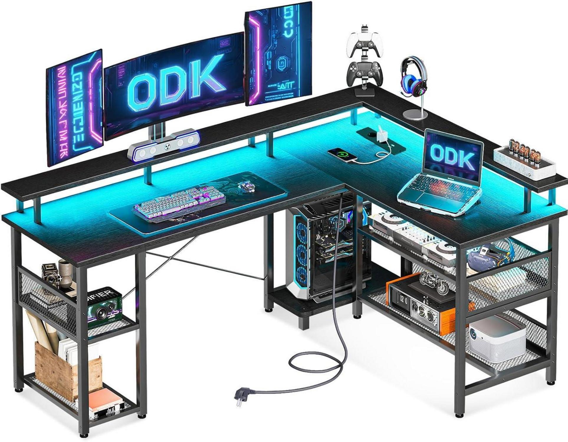 Gaming Tisch LED Beleuchtung Steckdosen USB Schreibtisch Schwarz