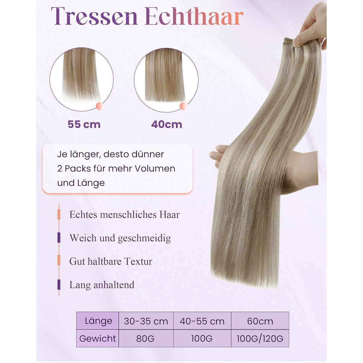 Echthaar Tressen Blond Highlights 55cm - Zum Einnähen
