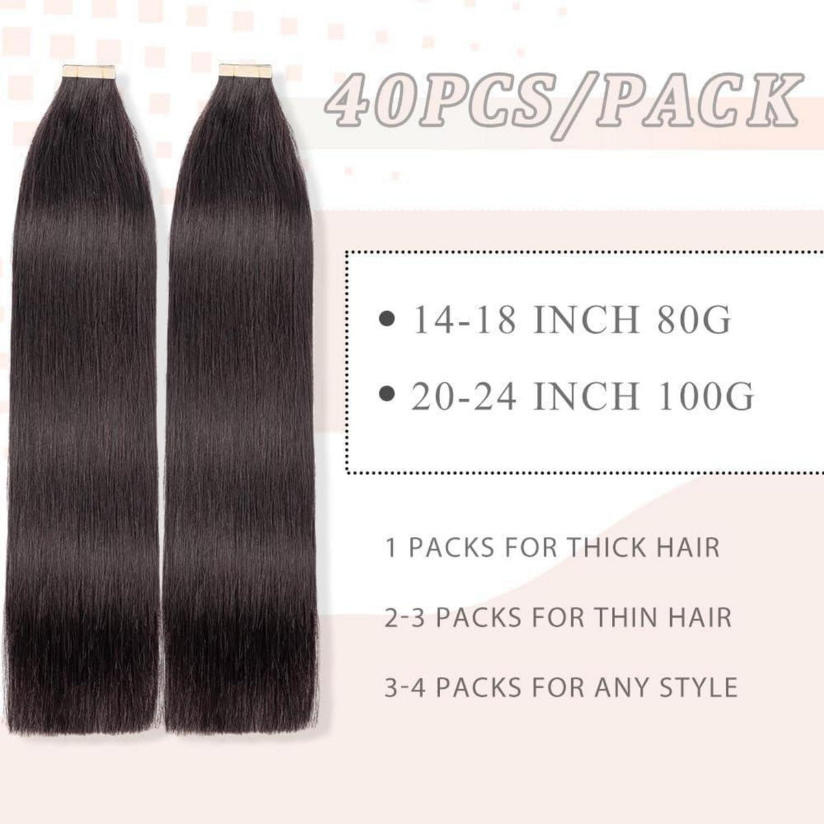 Echthaar Tape Extensions 45cm, 1B# Schwarz