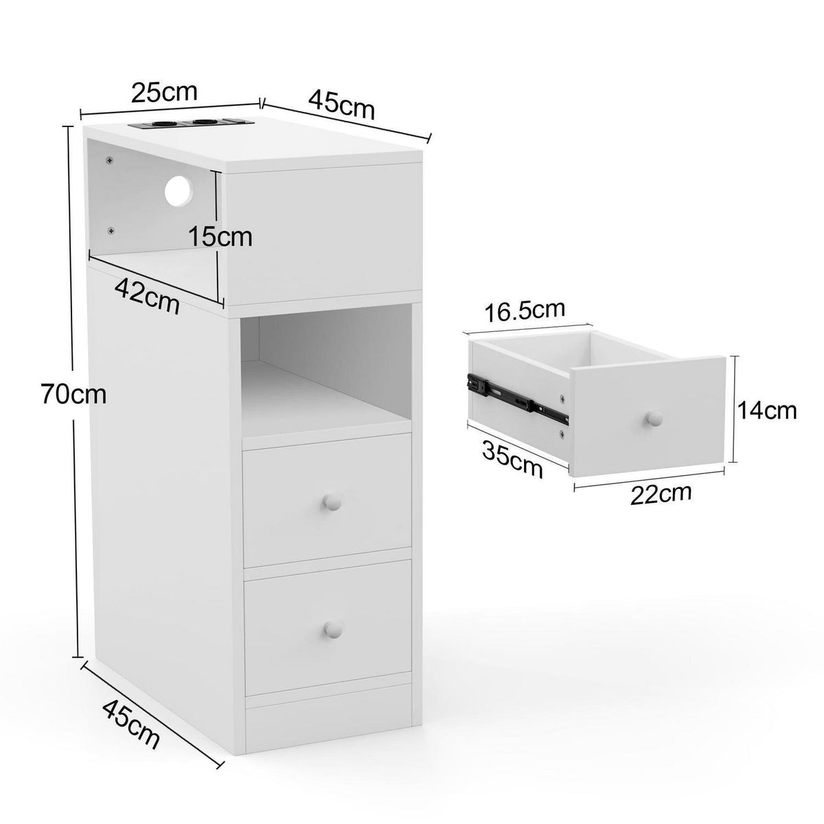 Schmaler Nachttisch mit Steckdose und 3 Schubladen Weiß