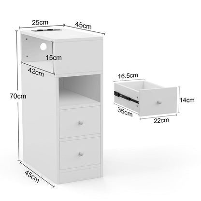 Schmaler Nachttisch mit Steckdose und 3 Schubladen Weiß