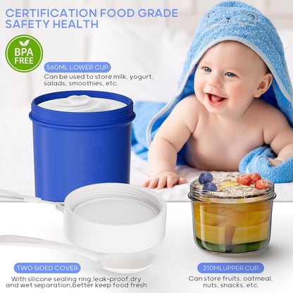 Müslibecher to Go mit Löffel, 870ml Volumen, Auslaufsicher, 2 in 1 Müsli to Go Becher, Blau