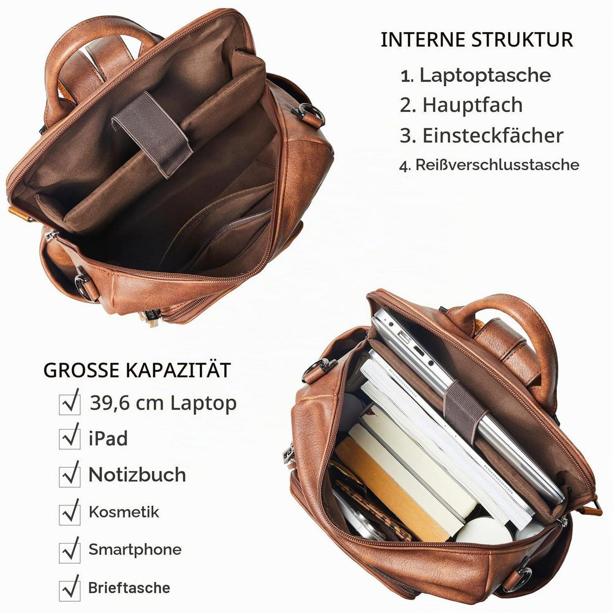 Rucksack Damen Laptopfach 15,6 Zoll Wasserdicht Business in Lederoptik