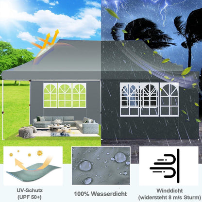 Faltpavillon 3x6m Wasserdicht Stabil Winterfest Grau mit Seitenwänden
