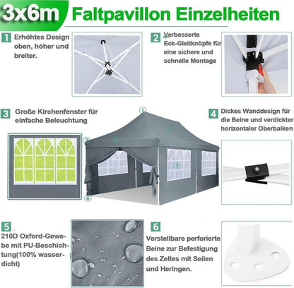 COBIZI Faltpavillon 3x6m Wasserdicht Stabil Winterfest Grau