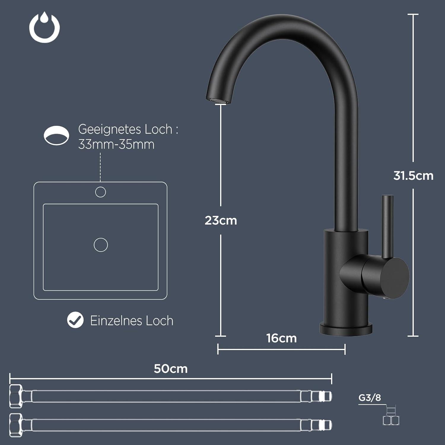 Wasserhahn Küche Schwarz 360° Drehbar Edelstahl Einhebelmischer