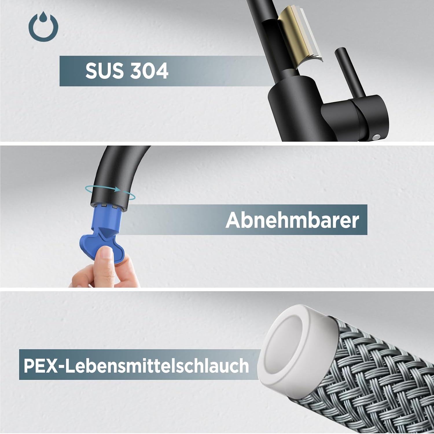 FORIOUS L Förmiger Wasserhahn Küche Schwarz 360° Drehbar Edelstahl Armatur