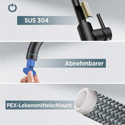 FORIOUS L Förmiger Wasserhahn Küche Schwarz 360° Drehbar Edelstahl Armatur