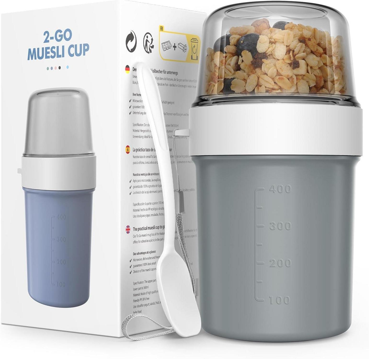 Müslibecher to Go mit Löffel und Joghurtbecher 870ml für Unterwegs