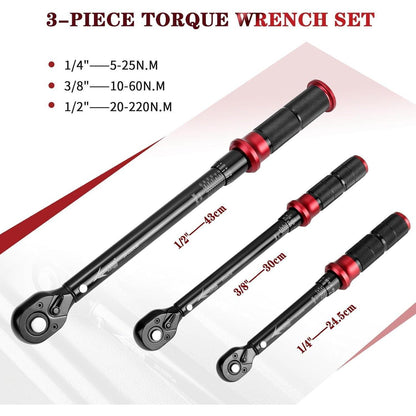 Drehmomentschlüssel Set 3-teilig 1/4" 3/8" 1/2" 5-25Nm 10-60Nm 20-220Nm