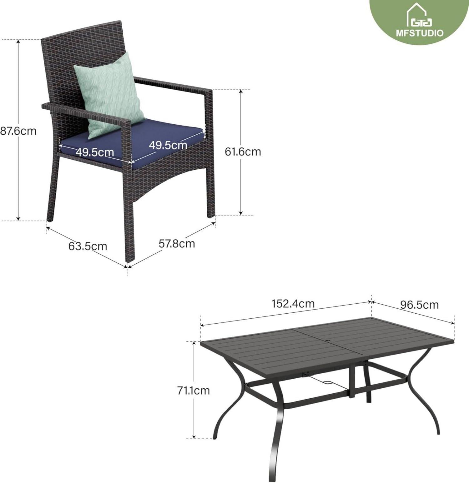 Rattan Gartenmöbel Set 6 Stühle Tisch mit Schirmloch 152x96x71cm