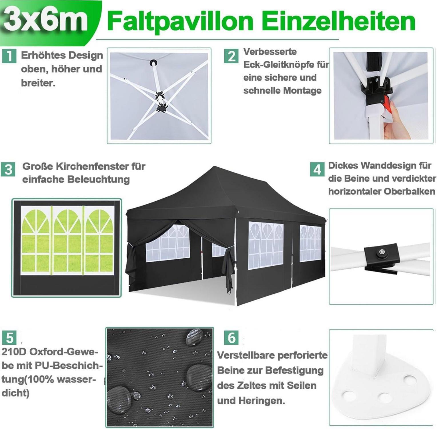 Faltpavillon 3x6m Wasserdicht Stabil Winterfest mit Seitenwänden Sandsack