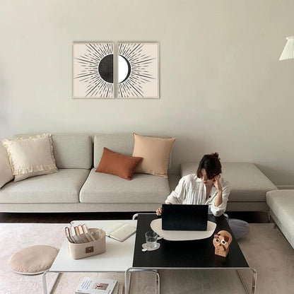 Modernes Sonne Mond Boho Wandbild mit Holzrahmen Schwarz Beige