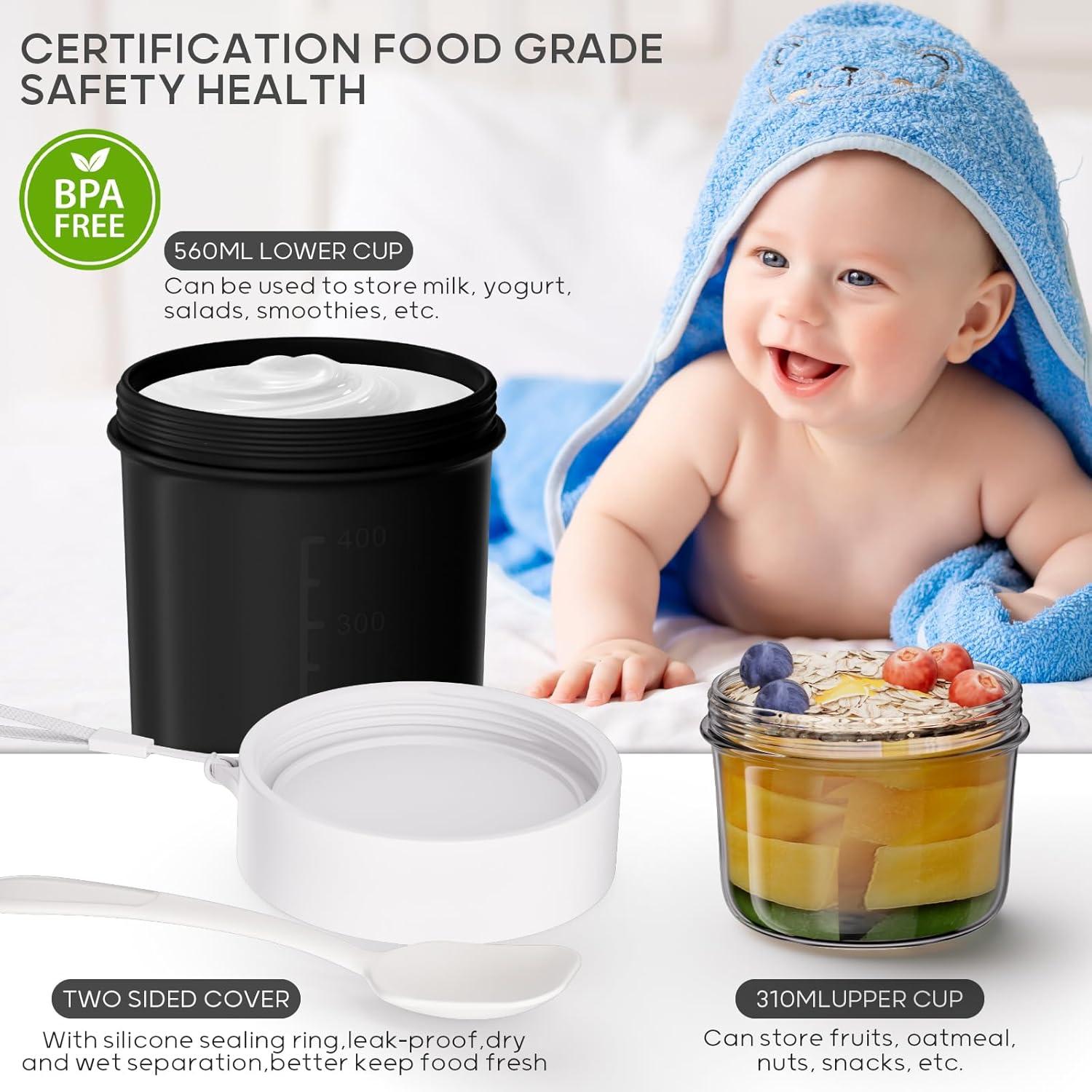 Müslibecher to Go mit Löffel 560ml+310ml Auslaufsicher Joghurtbecher 2 in1 Müsli to Go Becher Schwarz