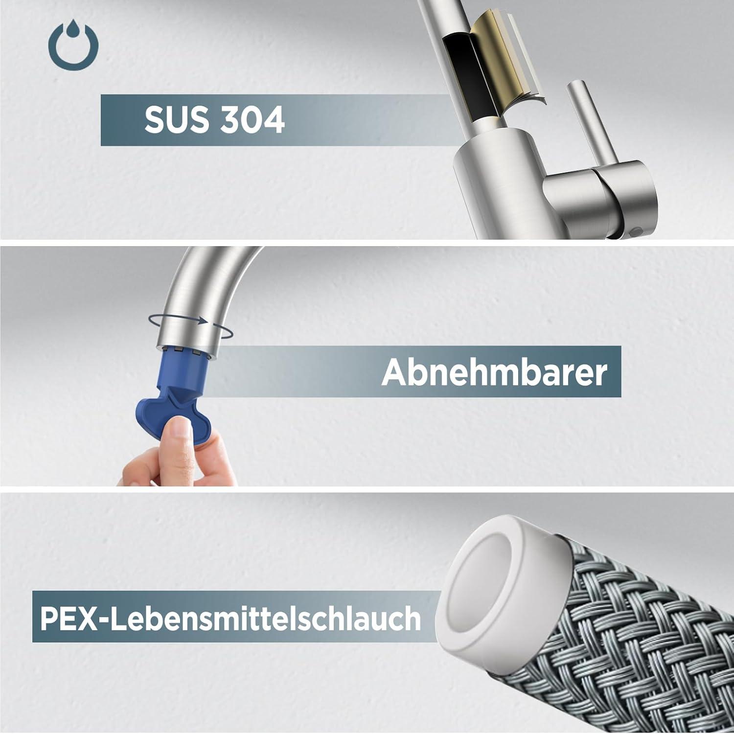 FORIOUS Wasserhahn Küche 360° Drehbar Edelstahl Mischbatterie 1 Loch Hebel