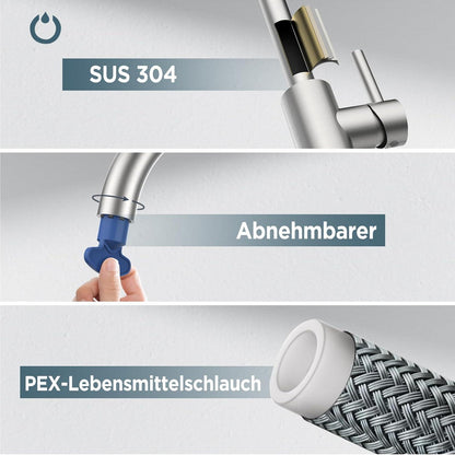 FORIOUS Wasserhahn Küche 360° Drehbar Edelstahl Mischbatterie 1 Loch Hebel