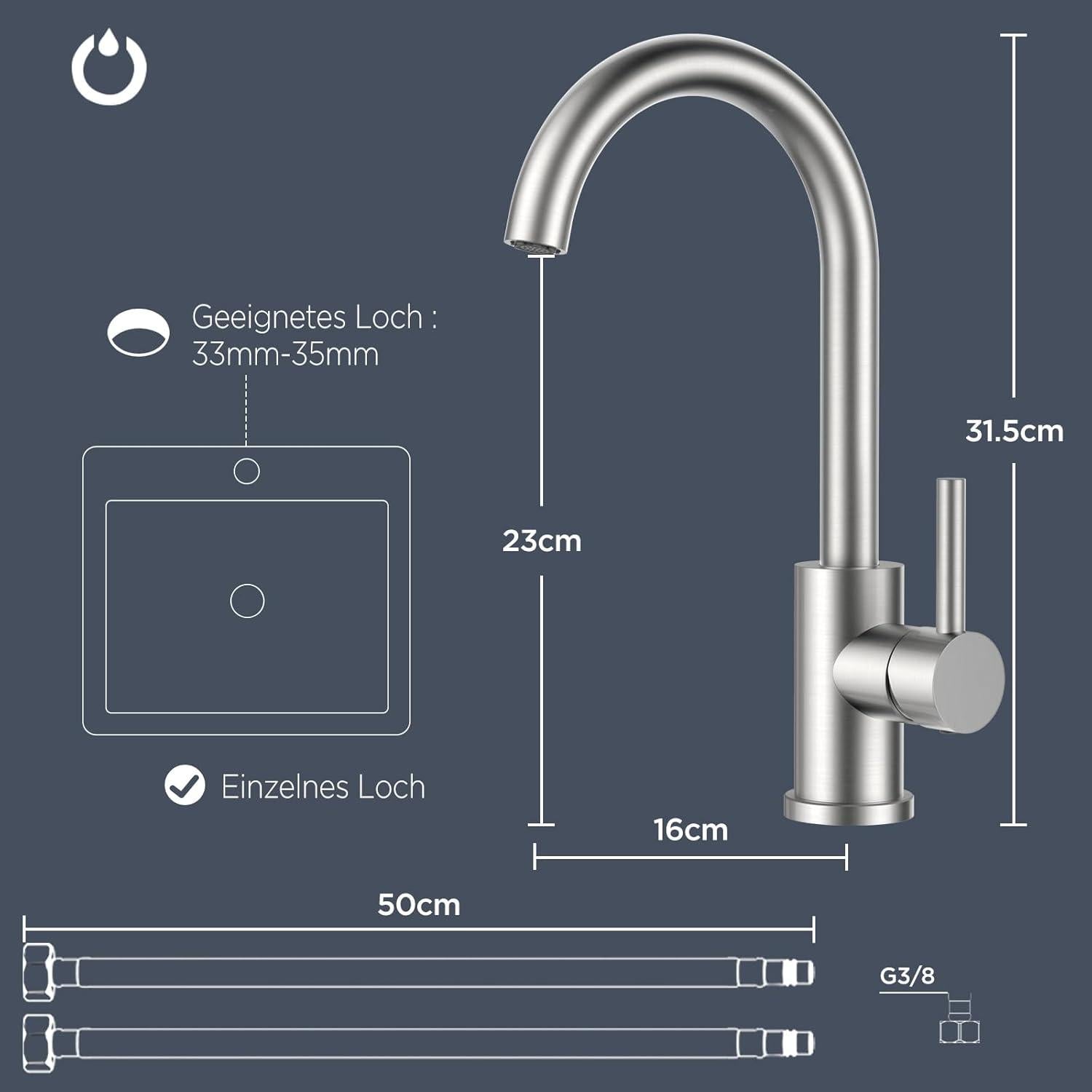 Wasserhahn Küche Edelstahl 360° Mischbatterie Einhebelmischer 1 Loch