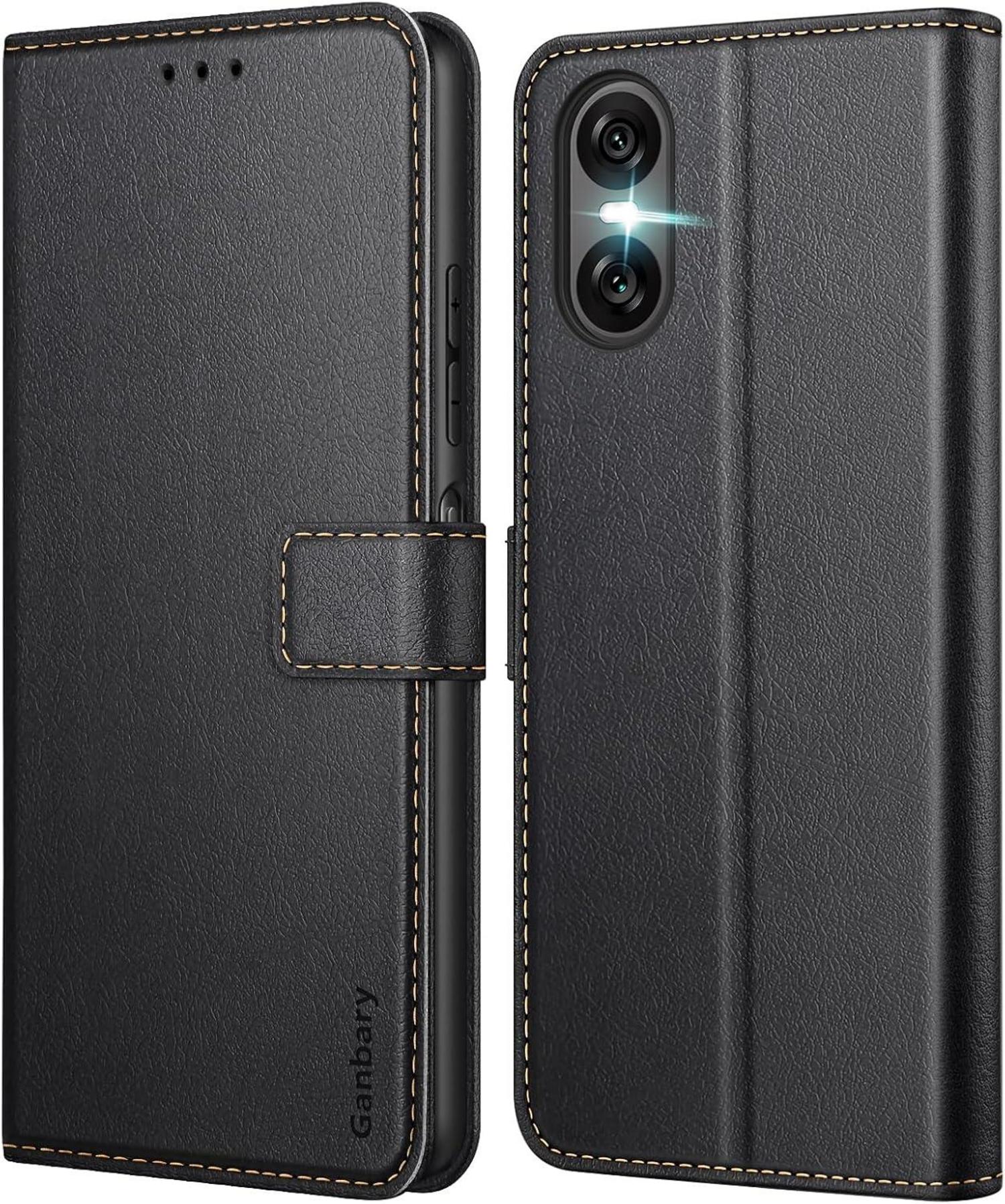 Handyhülle Sony Xperia 10 VI Leder Schwarz Kartenschlitze Magnet