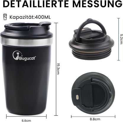 Bugucat Thermobecher 400ml Edelstahl Kaffeebecher to Go