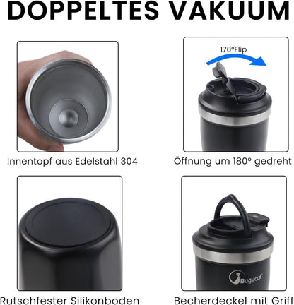 Bugucat Thermobecher 400ml Edelstahl Kaffee to go Becher Isolierbecher rund mit Deckel