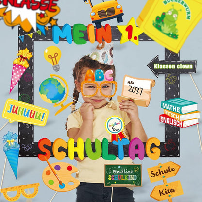 Einschulung Fotobox Accessoires Set - 24 Foto Requisiten + Großer Fotorahmen