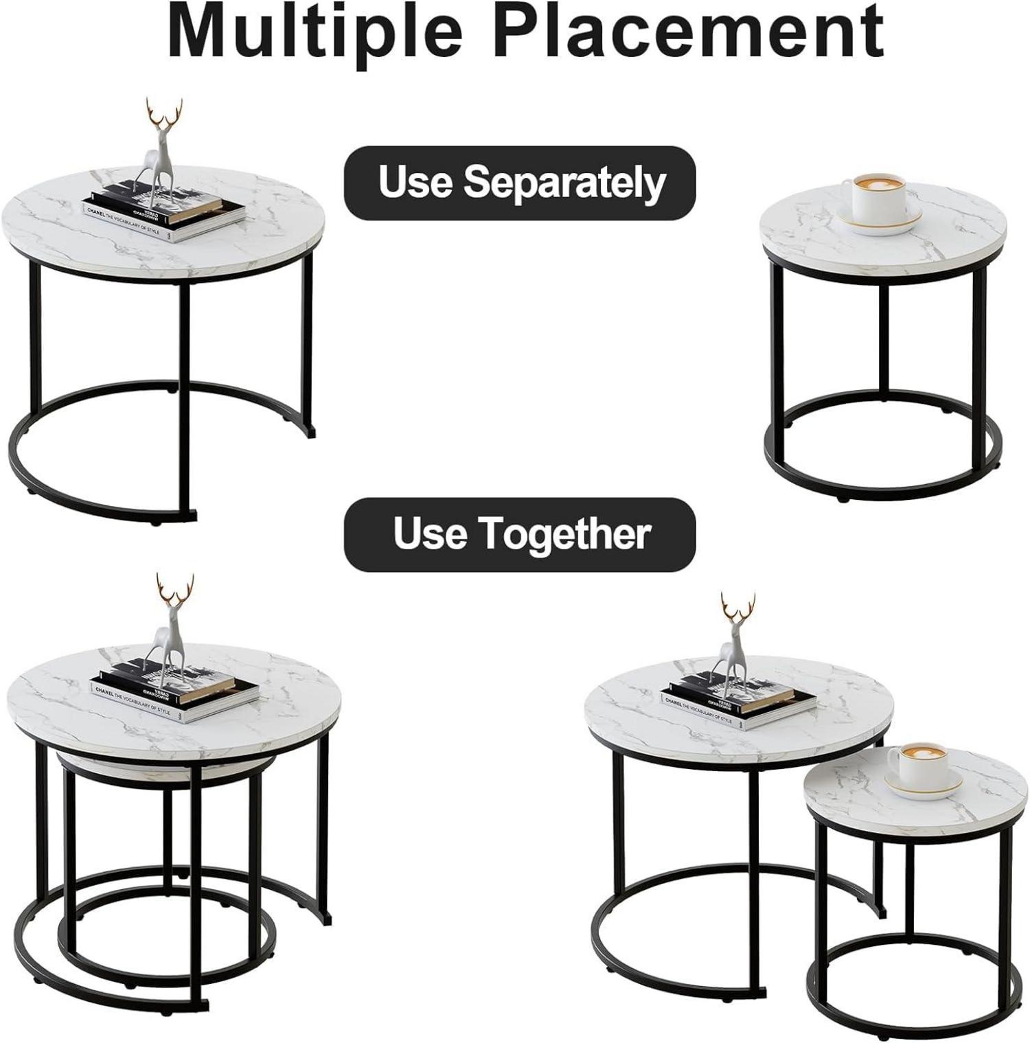 Runde Couchtische 2er-Set Beistelltisch Metallrahmen Weiß Marmorplatte