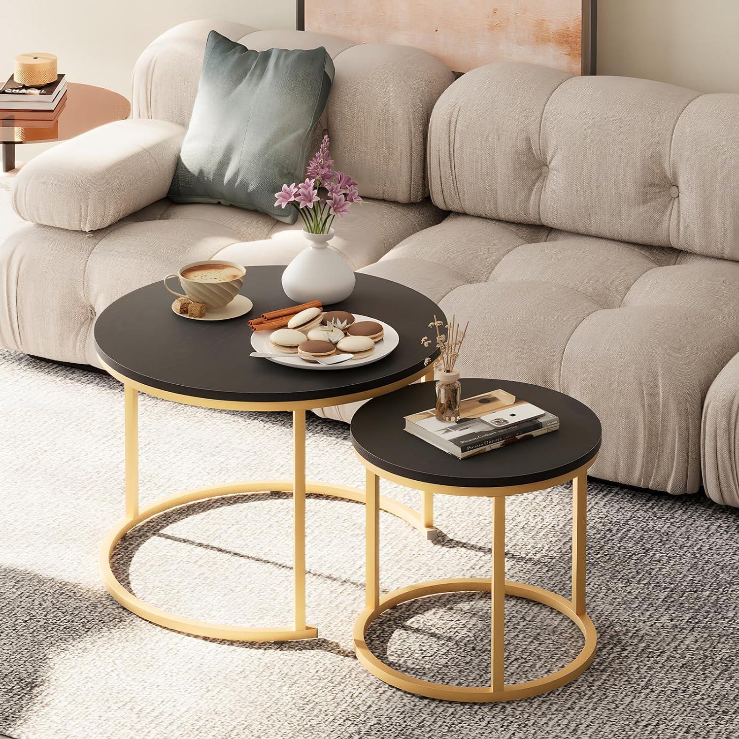 Huhote Runde Couchtische 2er-Set Metallrahmen Wohnzimmer