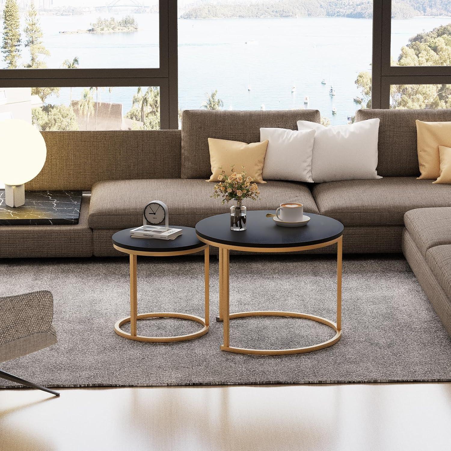 Moderne Runde Couchtische 2er-Set Goldener Rahmen 60 cm
