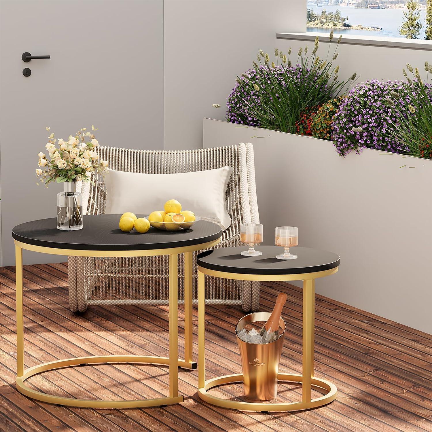 Set 2 runde Couchtische Beistelltisch Gold Rahmen weiß Wohnzimmer modern