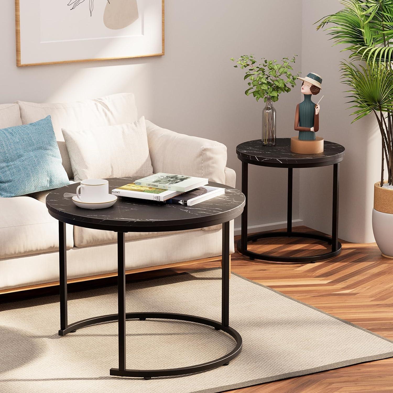 Huhote Runde Couchtische 2er-Set Beistelltisch Metallrahmen Wohnzimmer Schlafzimmer Büro Wohnung 60cm