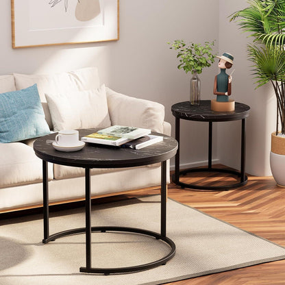 Huhote Runde Couchtische 2er-Set Beistelltisch Metallrahmen Wohnzimmer Schlafzimmer Büro Wohnung 60cm