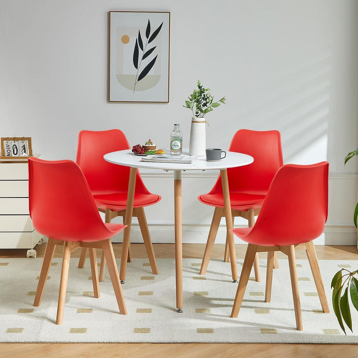 Esszimmergruppe weißer Tisch + 4 rote Stühle – 4er Set
